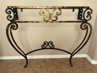 Ornate Entry Hallway 2-legged Table - Iron W/glass Top