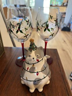 Xmas items - two wine glasses and cat figure