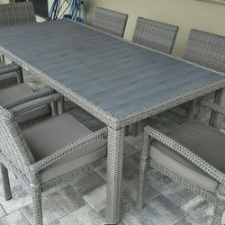 High End Brown/Gray Vinyl Plastic (Metal Framing) Wicker Table With 8 Chairs Outside
