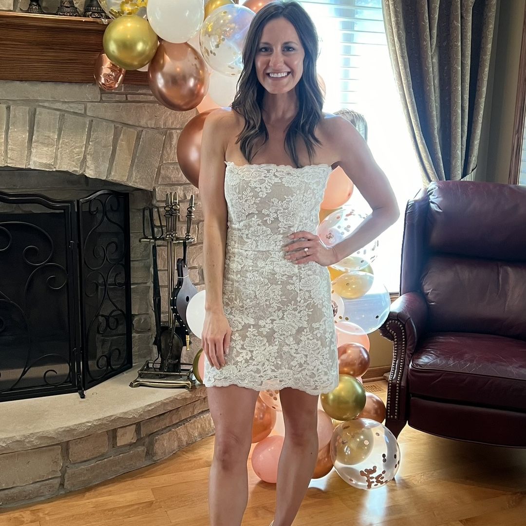 the kylie dress in white chantilly lace Kylie is a stunning fit and flare by @justinalexander featuring allover sequin detail, chantilly lace, and a sleek basque waist whats your favorite thing about this detailed beauty?, follow