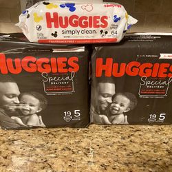 Set of 2 huggies special delivery SIZE 5 diapers•19ct•w 1 pack wipes•64ct•all for $20