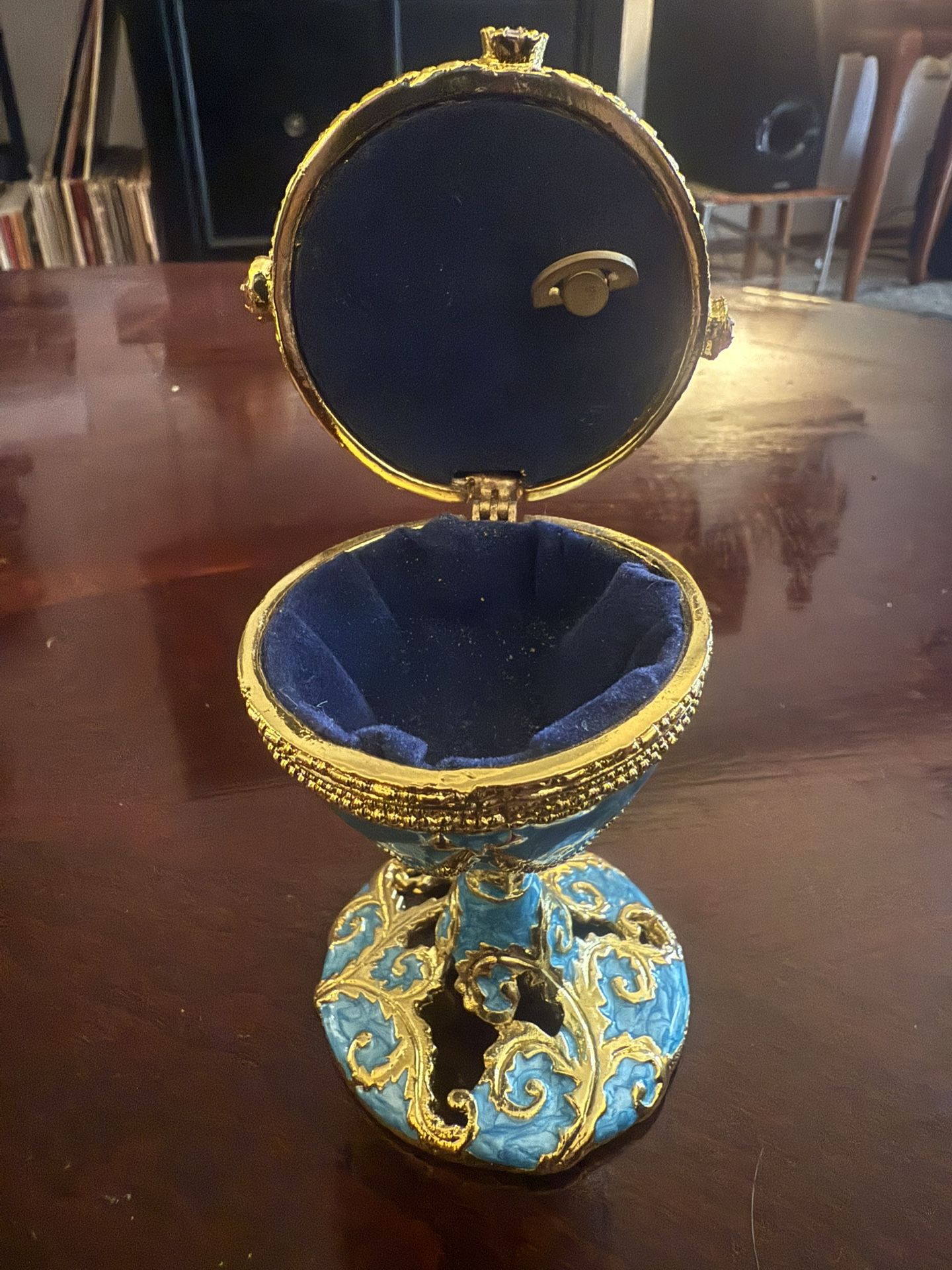 Vintage Cloisonne Musical Ring Box, Faberge Inspired Egg, Brass Music Box, Mother's Day Gift, Blue Enamel Egg, Jeweled Egg Wind Up Music Box