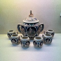VTG: Gerz German Castle 6 Mugs Punch Bowl Stoneware Set 