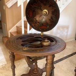 Vintage Globe Bar Cabinet Cart • Old World Zodiac Liquor Storage • Rolling Wooden Drinks Table