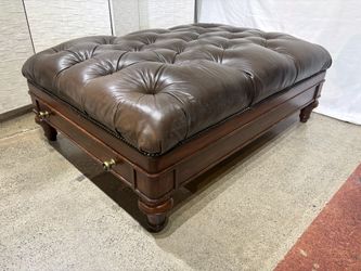 Tufted Brown Leather Ottoman with Lower Drawers