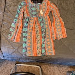 Colorful Mini Dress W/Long Bell Sleeves & Necklace