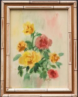 Yellow &Red Roses framed original watercolor painting floral still life artwork