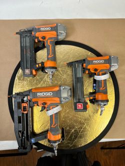 Barely used Set of RIDGID 16 GA Straight Nailer, 18 GA Brad nailer, and 18GA Narrow Crown Stapler - Air pneumatic tools, fully functional