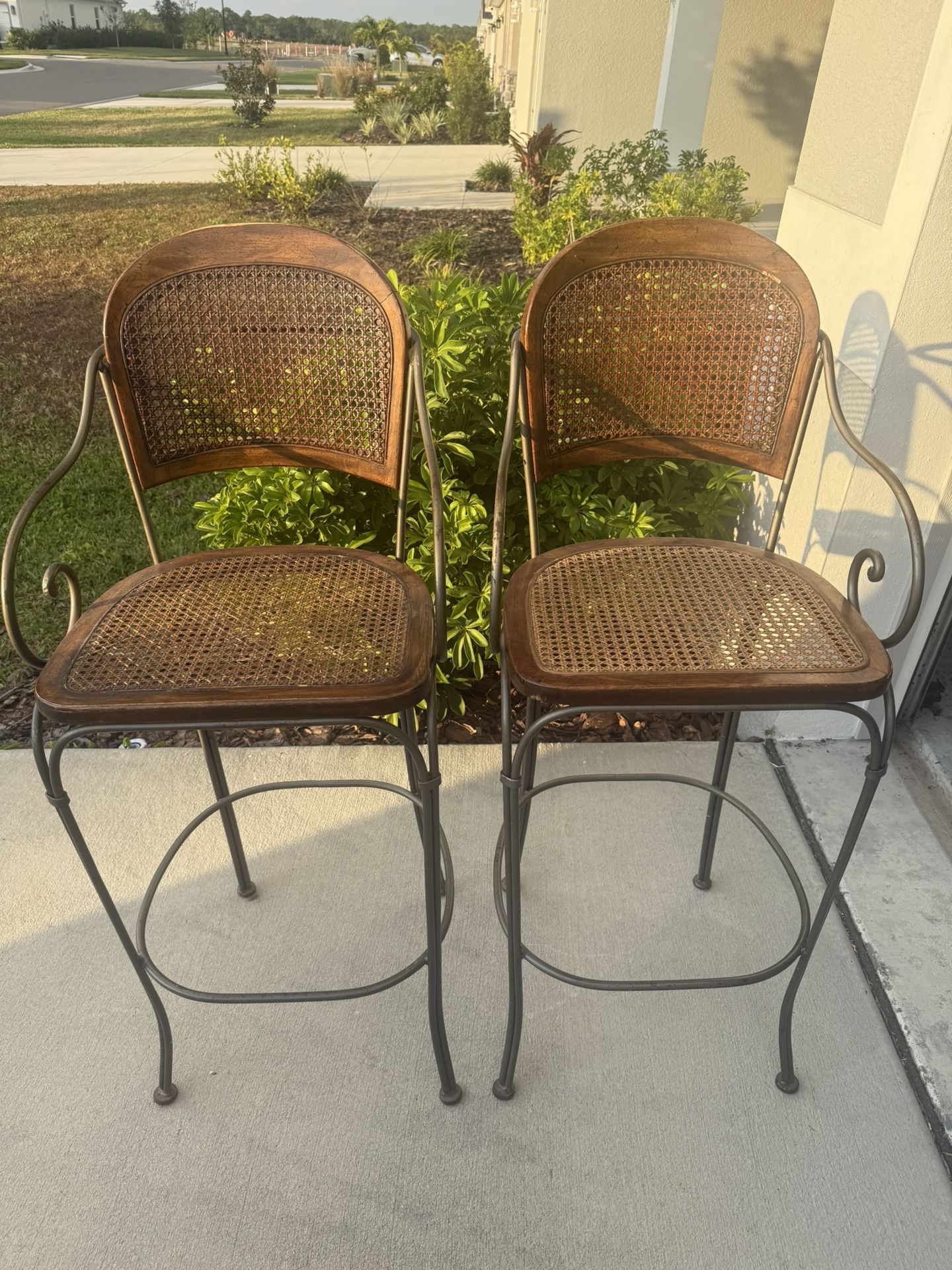 1980s Vintage Drexel Heritage Counter Stools - Set of 2 mcm vintage cane and iron