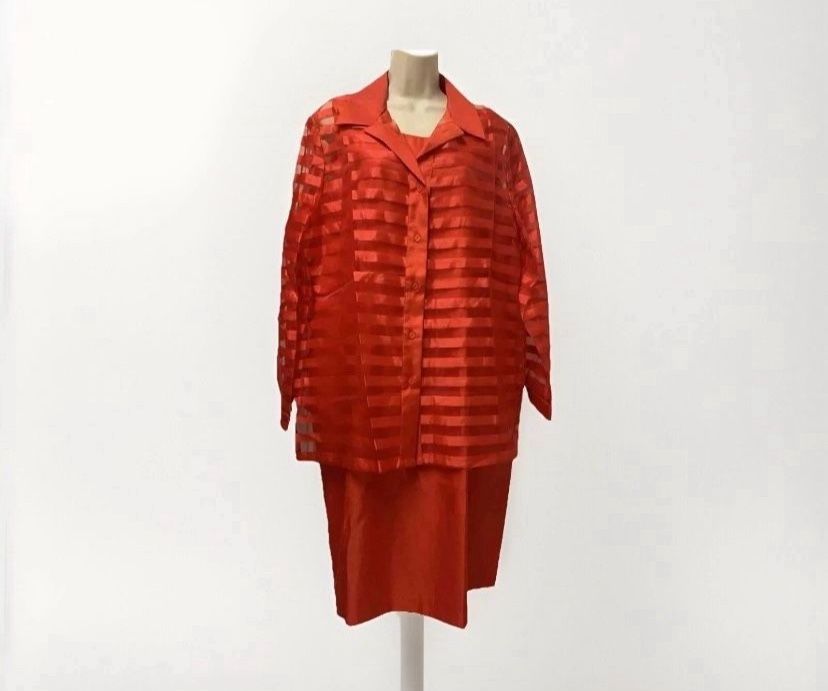✨New Size 16 Red Orange Dress Suit Jacket Sheer Sleeve Stripe Sag Harbor Zip Up