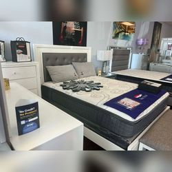 4PC BEDROOM SET WHITE COLOR KING OR QUEEN SIZE BED FRAME WITH LED HEAD BOARD