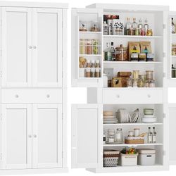  Pantry Cabinet, Tall Kitchen Storage Cabinet with 4 Doors and 1 Drawer, Cupboard with 6 Hanging Shelves and Adjustable Shelves for Kitchen, Dining Ro
