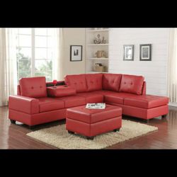 Heights Red Faux Leather Reversible Sectional with Storage Ottoman

