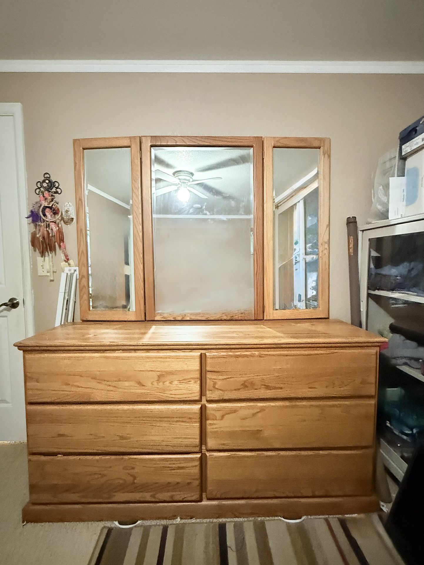 Dresser Trifold Mirror Oak Frame,