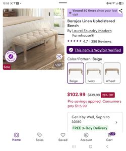 Barajas Linen Upholstered Bench – Beige( New in box)