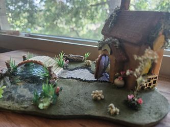 Original Handcrafted Miniature House with Bridge Over Resin Pond