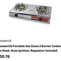 XtremepowerUS Portable Gas Stove 2 Burner Cooktop, Stainless Steel, Auto Ignition, Regulator Included