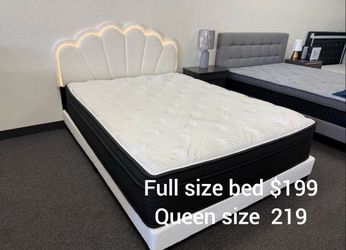 Queen size bed white wool fabric LED