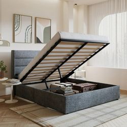 Full Size Lift Up Storage Bed Frame with Wingback Headboard & Hidden Storage，Grey Blue