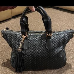 Womens Black Braided Hobo Satchel Handbag with Rhinestone Elegant Tassle EUC