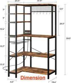 🥨IRONCK Bakers Rack with Power Outlet, 5-Tier Corner Microwave Stand with Storage, Coffee Bar with 6 S-Shaped Hooks, Kitchen Shelves with Wire Basket