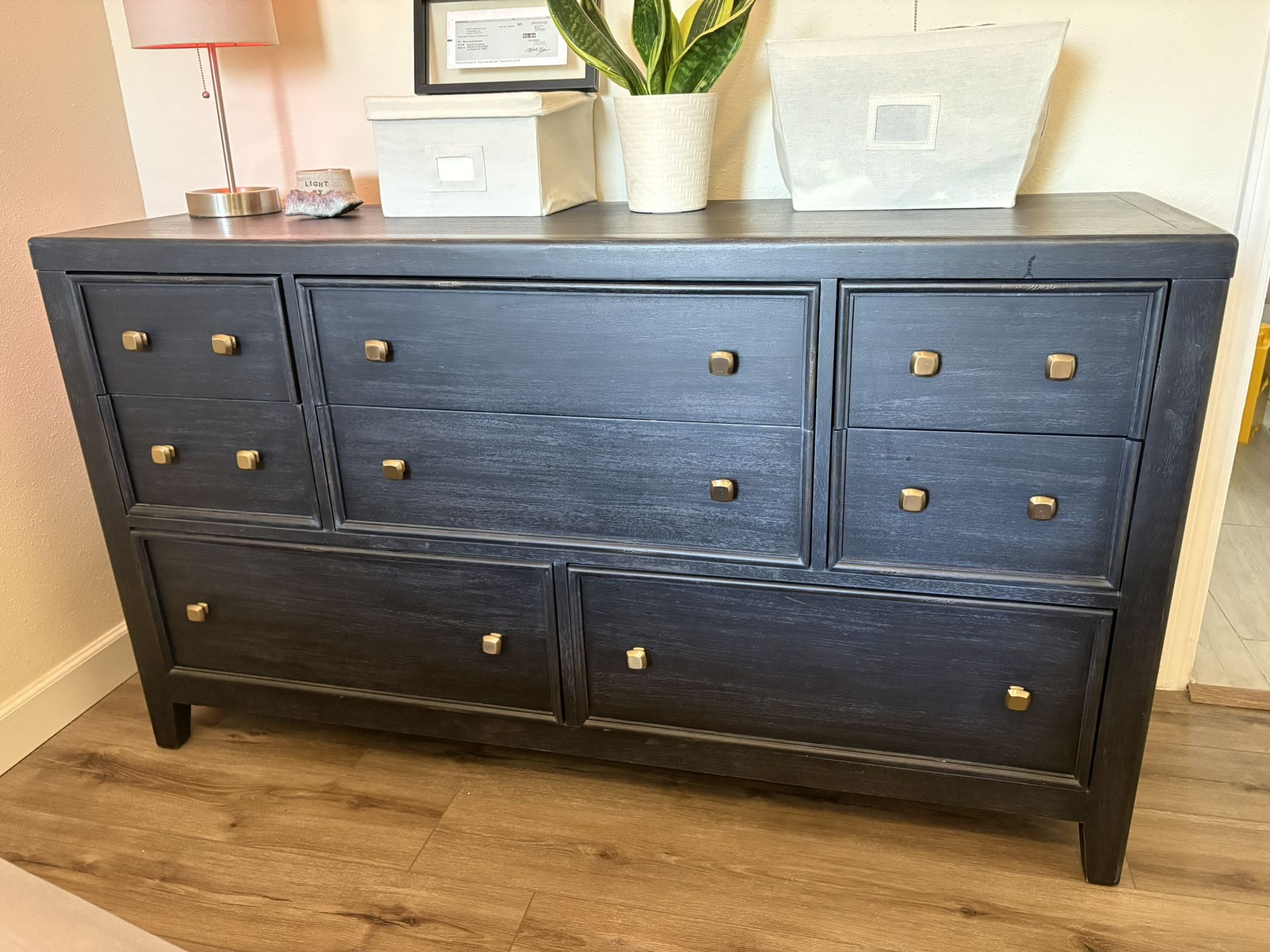 Large Blue-Black Wooden Dresser 8 Drawers 68” Wide