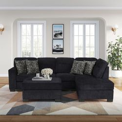 Brand New BLACK Fabric RHF Stationary Sectional Sofa & Ottoman w/ Throw Pillows