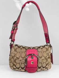 Coach Signature Brown Pink Shoulder Bag Snap Closure Silver HW w/ Hang Tag