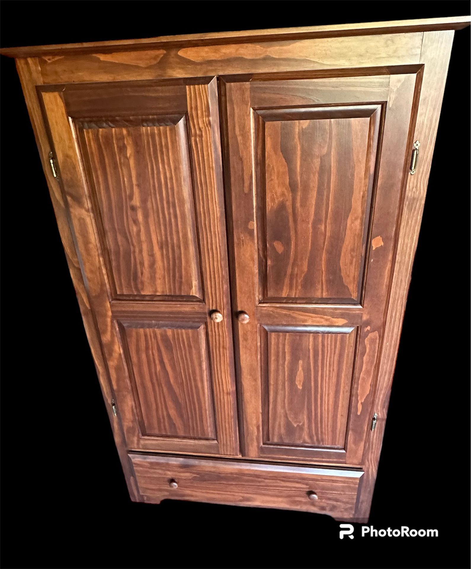 Stained Pine Armoire Wardrobe with 2 Shelves and Drawer
