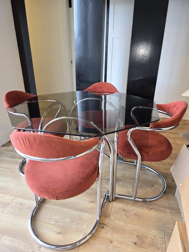 Vintage Mid Century Modern Glass Top Dining Set / Table And Chairs / Made By Daystrom