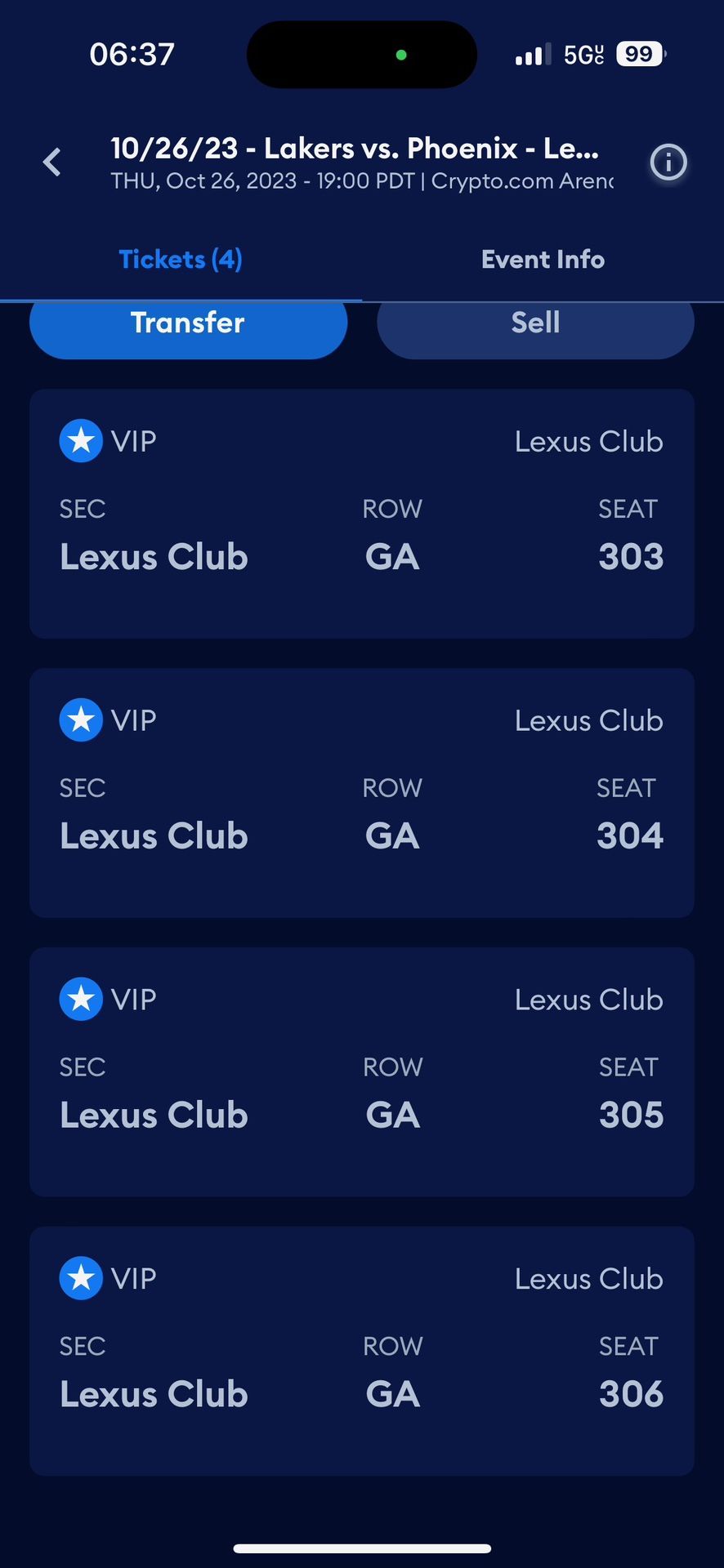 4 Lakers Lexus Club Ticket Only Lakers Vs Suns 10/26/23