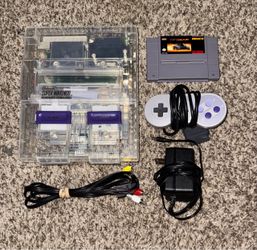 CLEAR SUPER NINTENDO ENTERTAINMENT SYSTEM SNES CONSOLE WITH VIDEO GAME & CONTROLLER