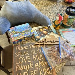 Kids stuff- puzzles, Lincoln logs, army men, wall decor, responsibility chart, reading pillow 