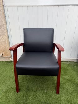 Black Leather Accent Chair with Wood Arms