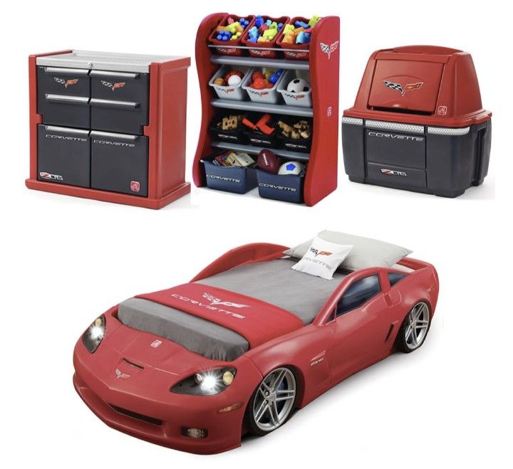 Step 2 Corvette Convertible Toddler to Twin Bed With Lights Toy Storage And Dresser