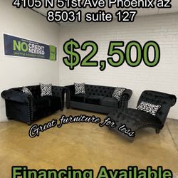3 PCs Sofa  Loveseat And Chase Set Black Velvet Brand New