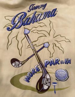💥FLASH SALE $25 🌴 Tommy Bahama 🌴 “ More Par For Ya “ Embroidered Men’s Golf lightweight Vacation style Button Up collared Short Sleeve Size L Large
