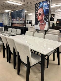 Modern Design, White Marble Look Dining Set with High-Back Upholstered Chairs