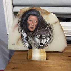 Native American Painting On Slab Of Marble 