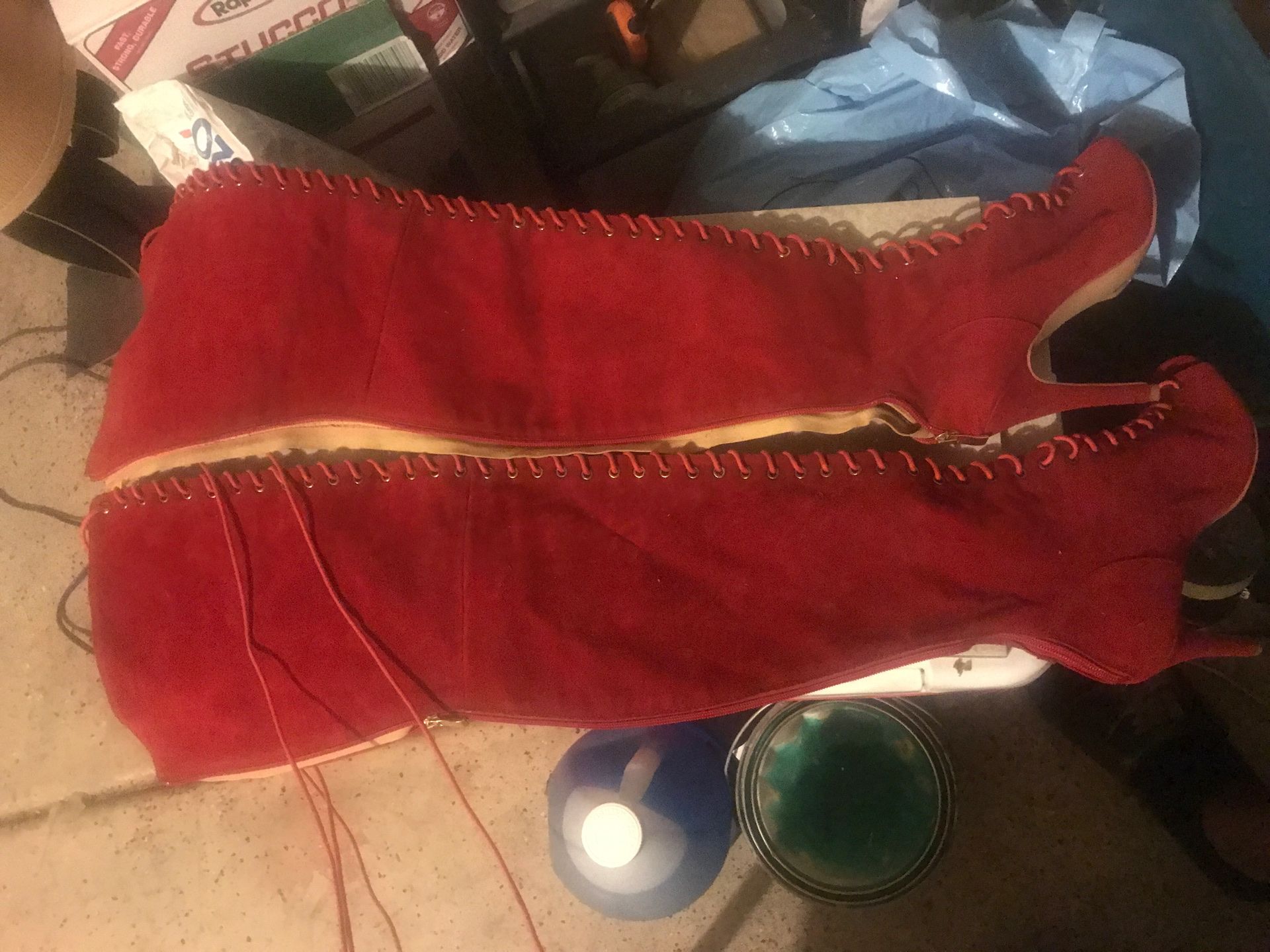 Thigh high open toe red boots