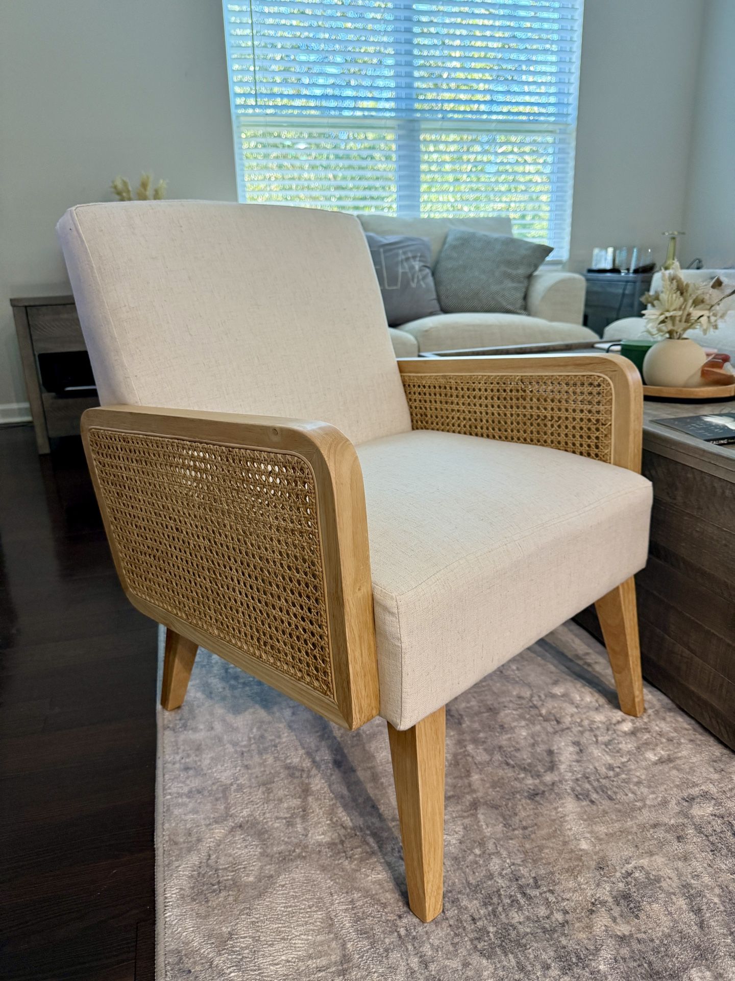 Sand & Stable Esme Upholstered Accent Chair w/ Rattan Arms (Wayfair) 