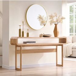 NEW Long Console Table, Modern Curved Entryway Table, Natural Oak 31.5" Tall Entryway Table with Open Storage Shelf,