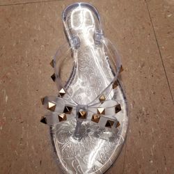 Clear Flat Flip Flop Sandals with Gold Studs