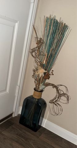 Large Teal & Blue Glass Vase with Dried Floral Arrangement