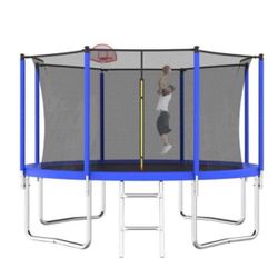 10ft Outdoor Trampoline, 880lbs Capacity, with Enclosure Net and Basketball Hoop, for Kids and Adults, Blue