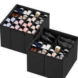 SpaceAid Shoe Organizer for Closet, 2 Pack Foldable Shoe Storage Containers Baskets Boxes Bins w/Adjustable Dividers, Fits 16-32 Pairs, Black