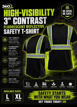 Titanium Threads 360 High-Visibility 3" Contrast fluorescent Reflective Safety T-Shirt, Black L or XL