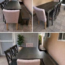 James+James Solid Hardwood Farmhouse Dining Table Set – 6.5' Table, Bench & 5 Chairs