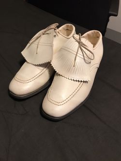 Vintage Etonic Arnold Palmer Size 9.5 Steel Spike Kilted White Leather Golf Shoes