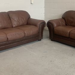 2 Piece Sofa / Couch / Loveseat Genuine Leather In Brown W/ Nail head Trim